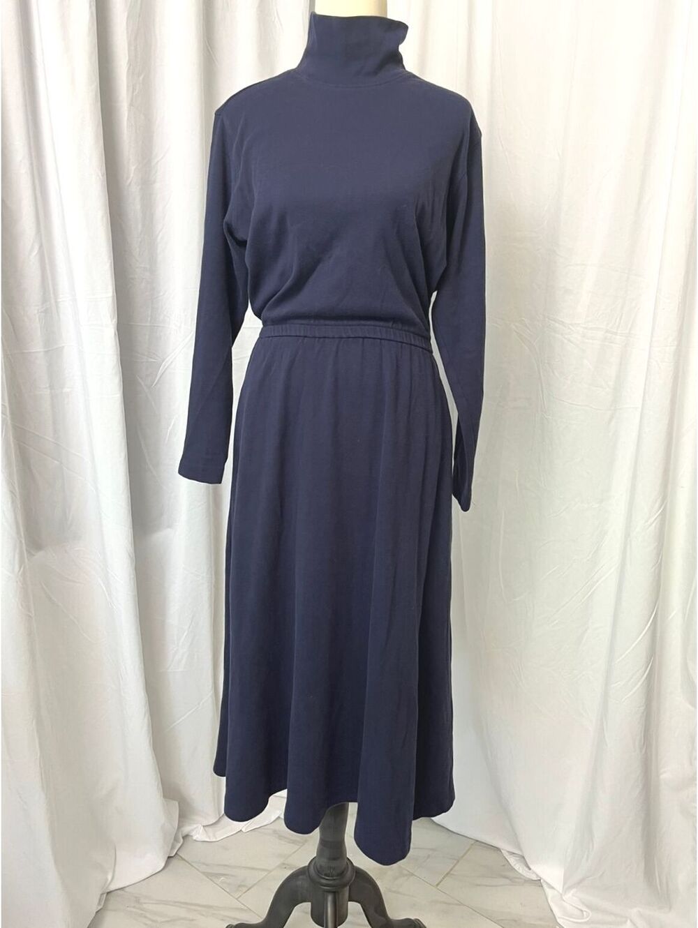 Vintage 80s/90s Lands End Navy Blue Cotton Knit Sweatshirt Maxi Dress Sz M